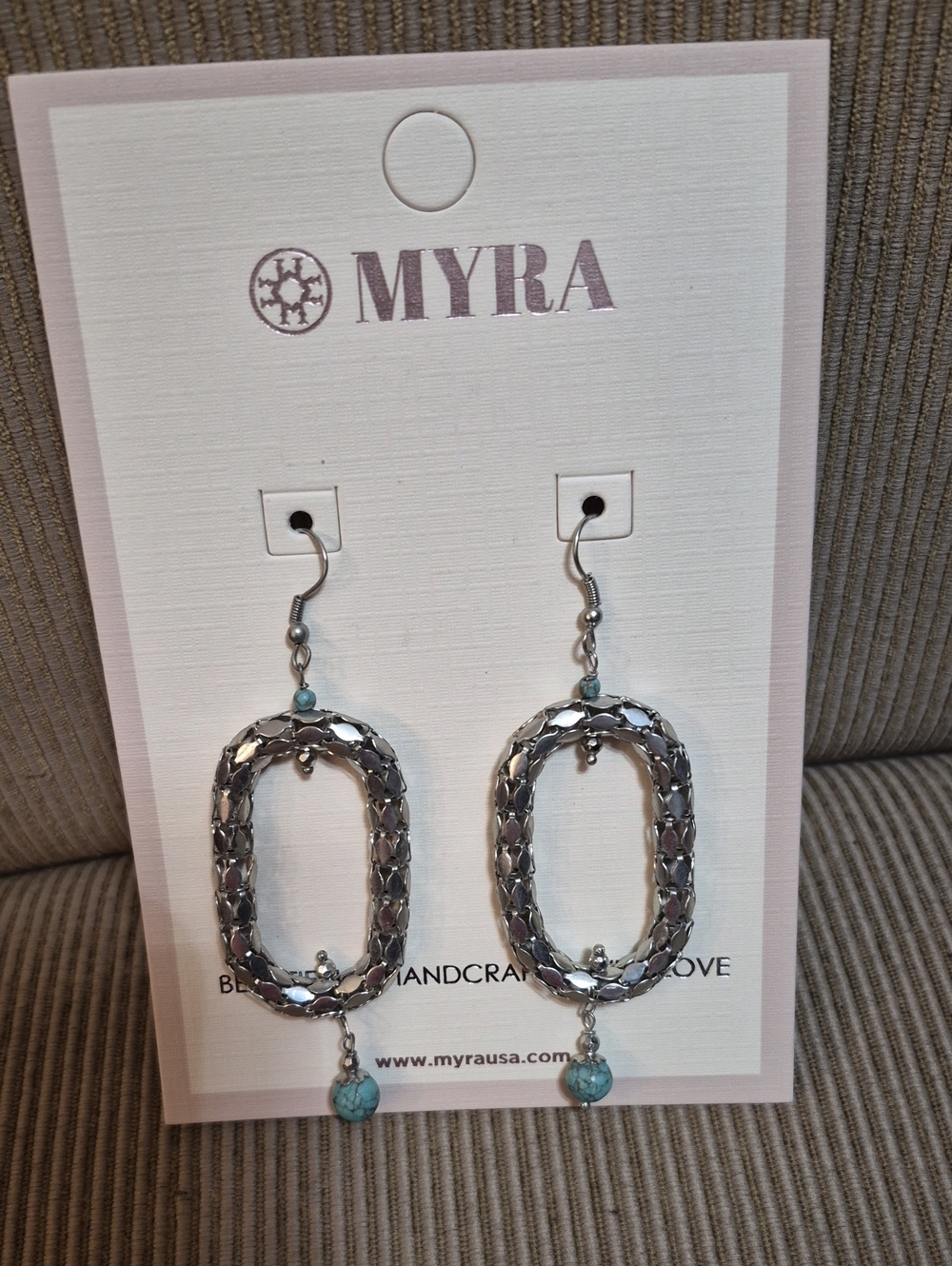 Myra Bag Silver Oval Drop Earrings with Blue Turquoise Beads